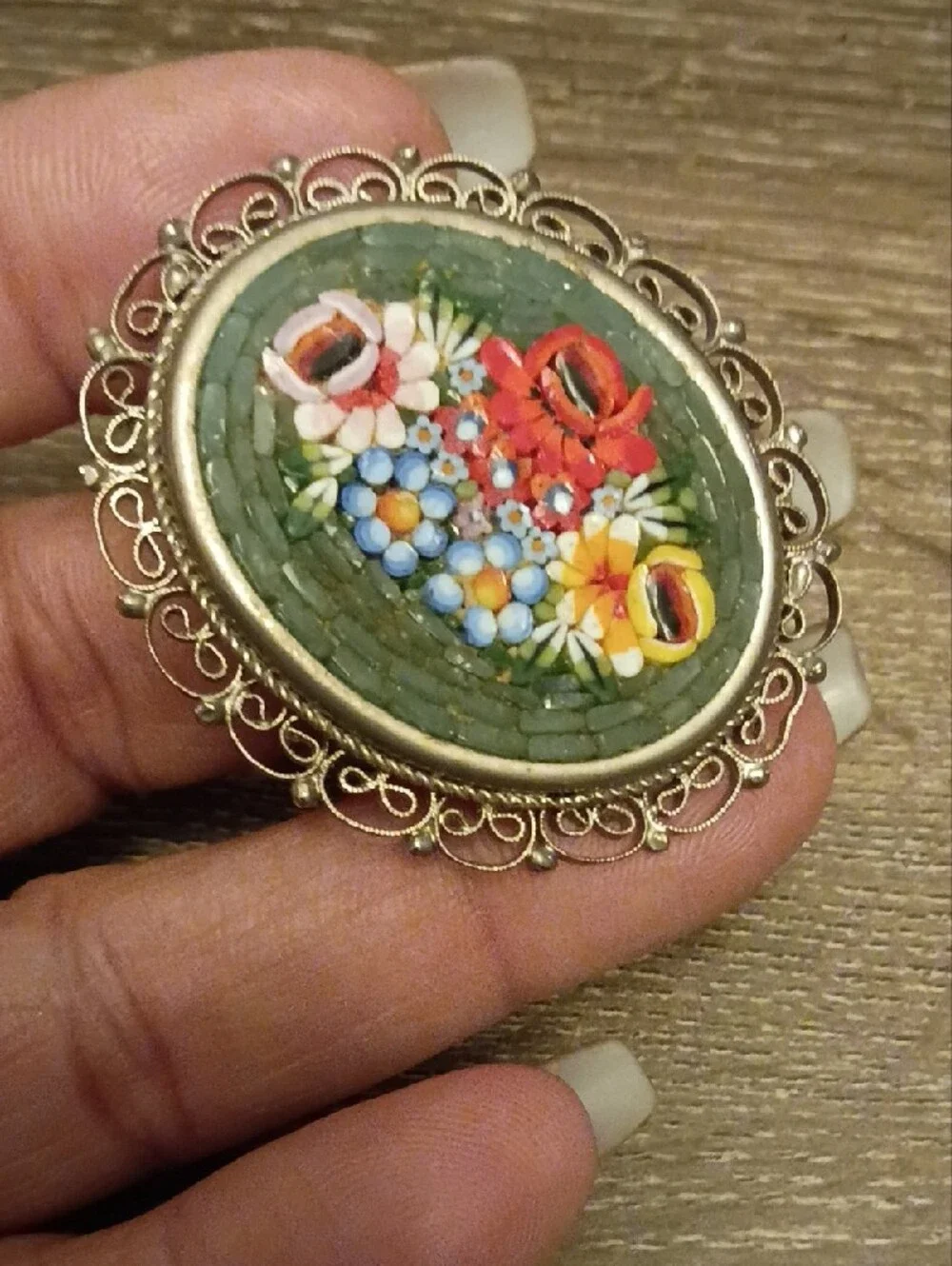 Italy Micro Mosaic Flower Brooch Green Antique Jewelry Collectible